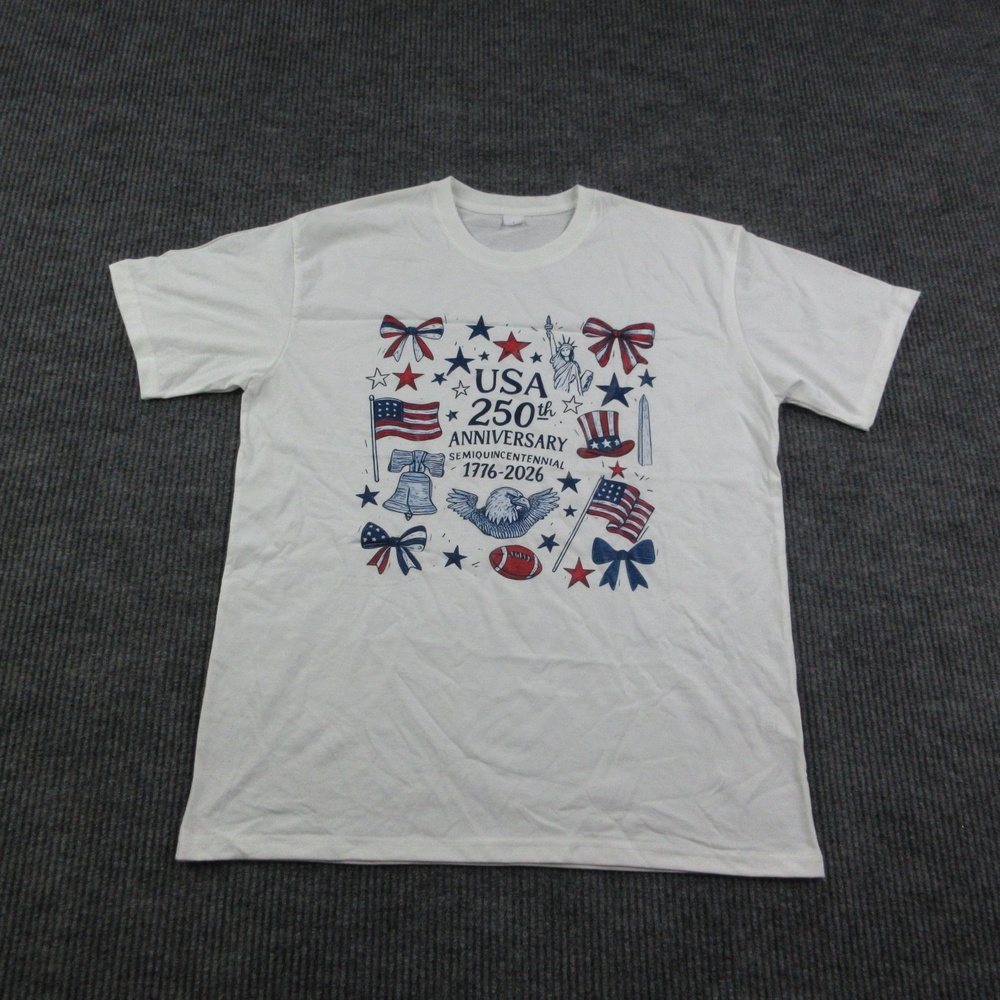 USA 250th Anniversary Shirt Mens L White Cotton Crew Neck Patriotic Graphic Tee